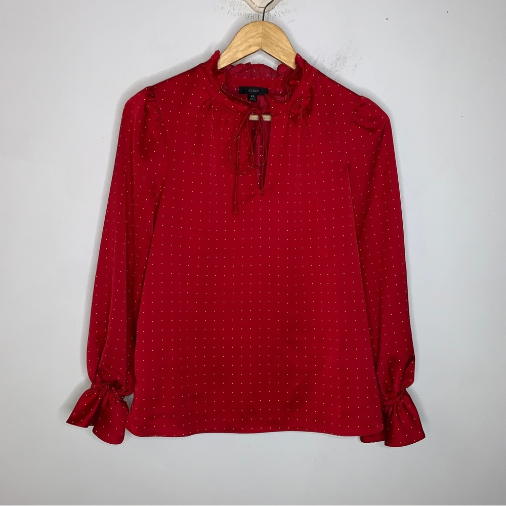 J Crew Xs Red Polka Dot Drapey tie-neck ruffle top in microdot CPM12